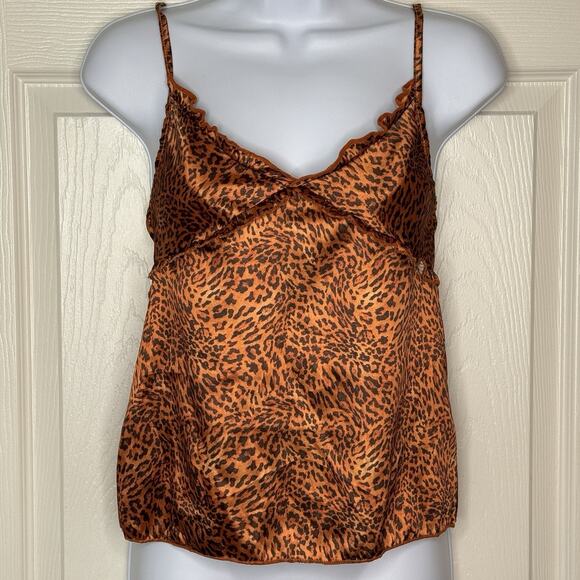 Pretty Little Thing Cheetah Ruffle Babydoll Top XS Brown Black Y2K Retro Satin - Picture 1 of 11
